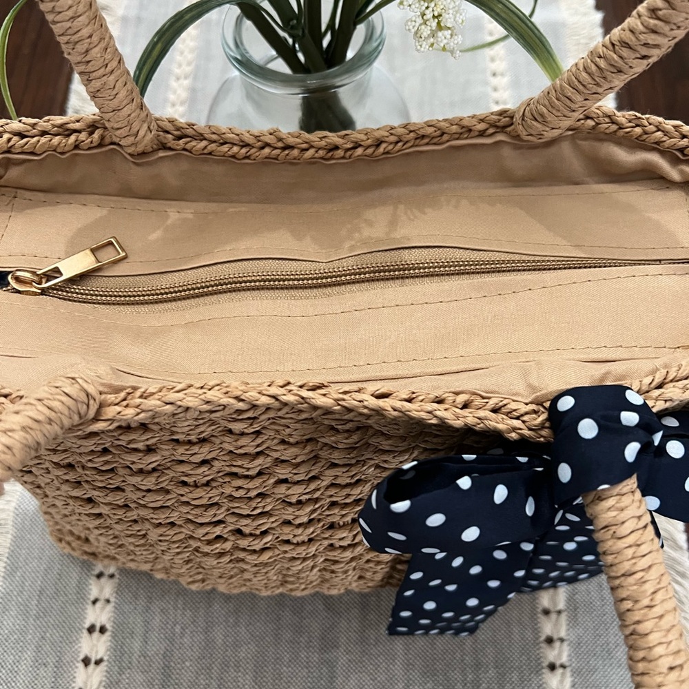 NEW Purse Tote Bag Women’s Girls Woven Fashion Totes/Polka Dot Bow - Picture 3 of 7